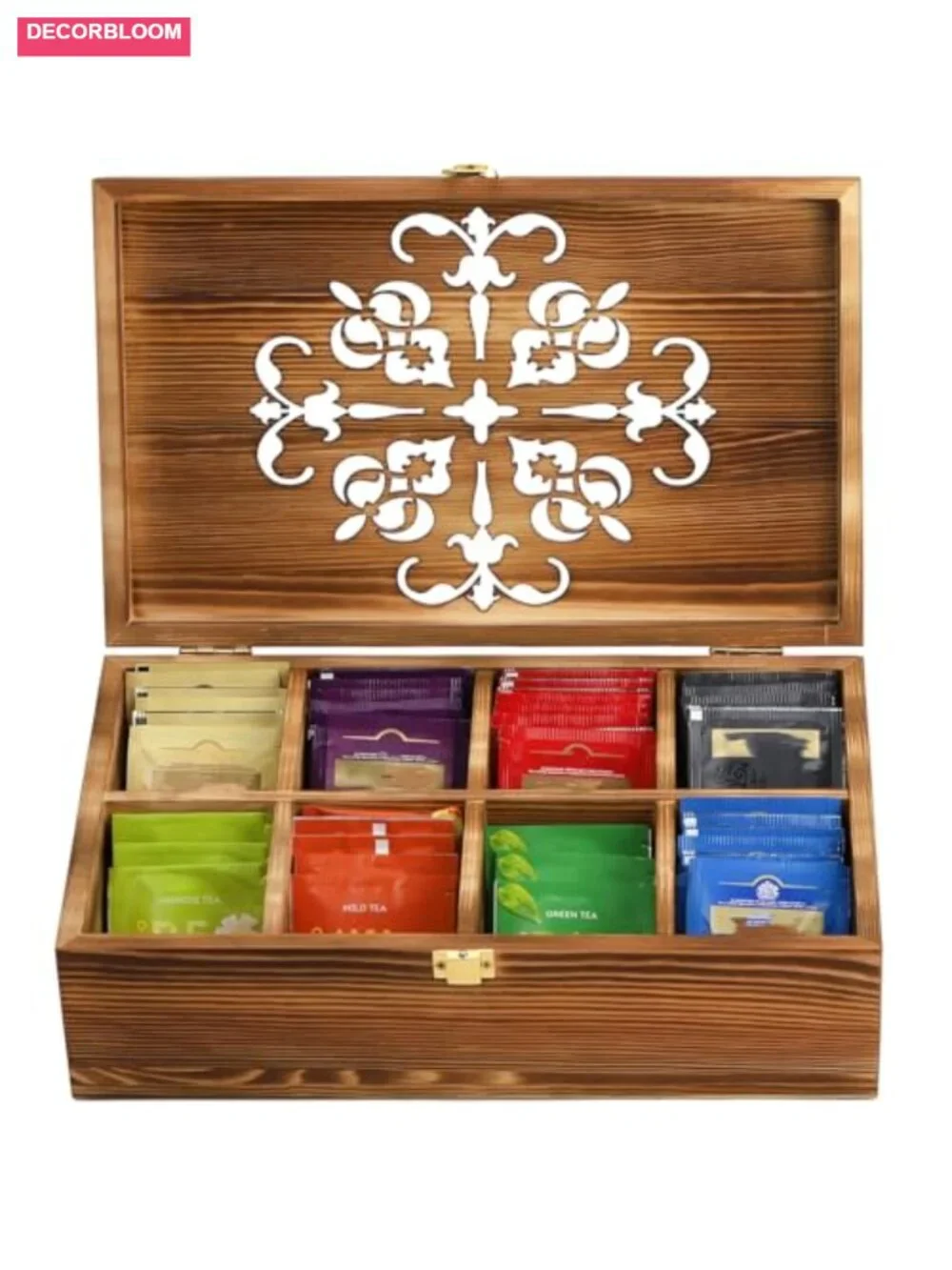 Wooden Tea Bag Storage Box with Carved Lid, 8-Compartment Organizer for Spice